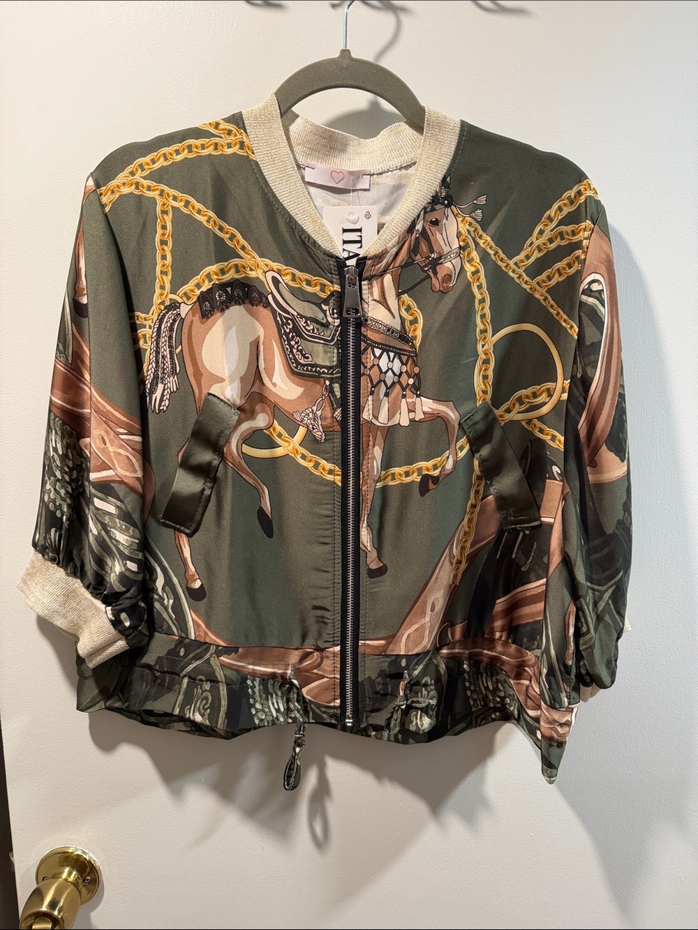 NWT Olive Equestrian Print Satin Bomber Jacket